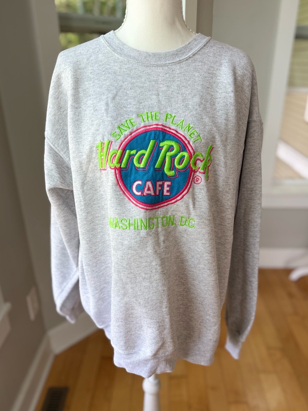 Vintage 90s Neon Logo Gray Hard Rock Cafe Washington DC Crewneck Sweatshirt XL